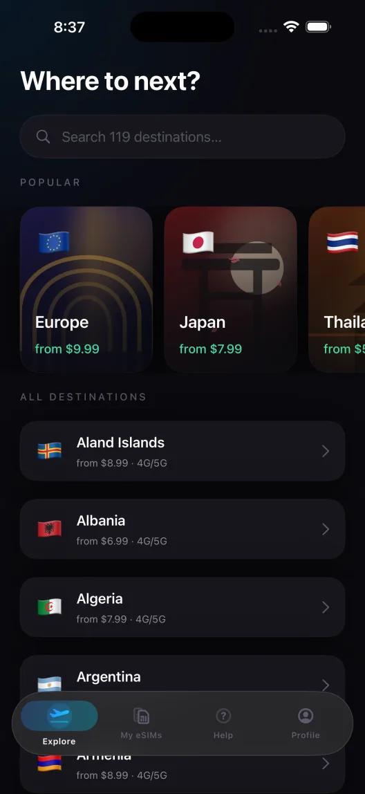 Tavi for iPhone showing destination search and prepaid travel eSIM plans