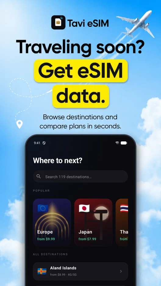 Tavi for Android showing destination search and prepaid travel eSIM plans