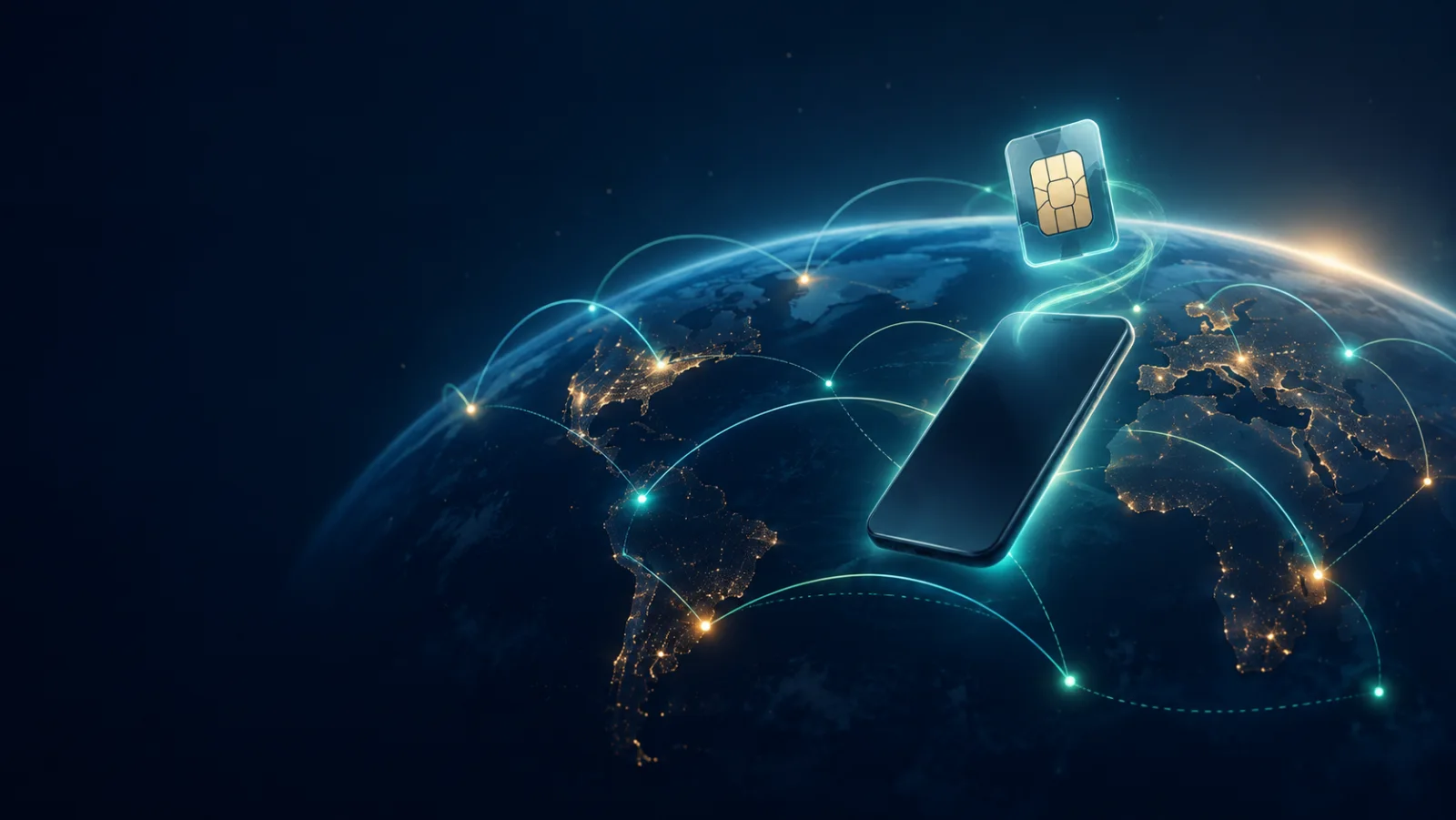 A travel eSIM connecting a phone across a softly illuminated globe