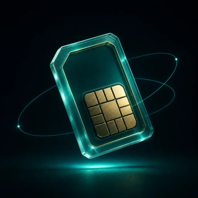 A mint eSIM sculpture with gold contacts and orbital travel routes